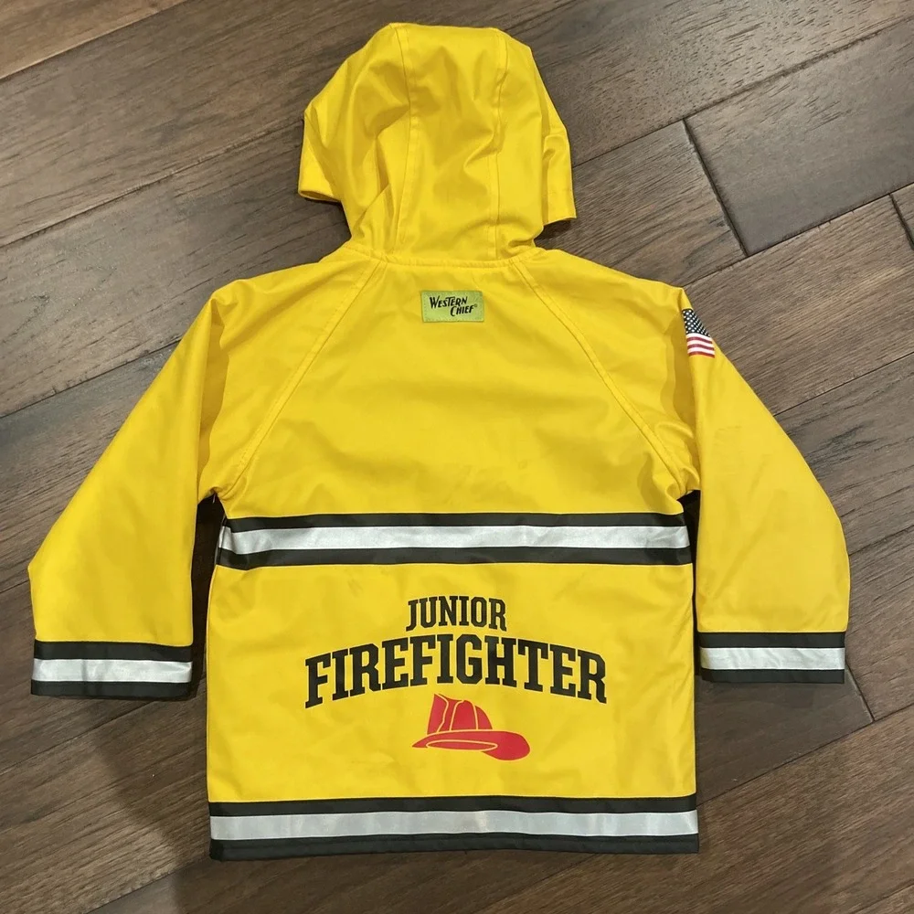 WESTERN CHIEF Fireman Hooded Raincoat Fleece Lined Jacket Yellow Reflective 3T‎